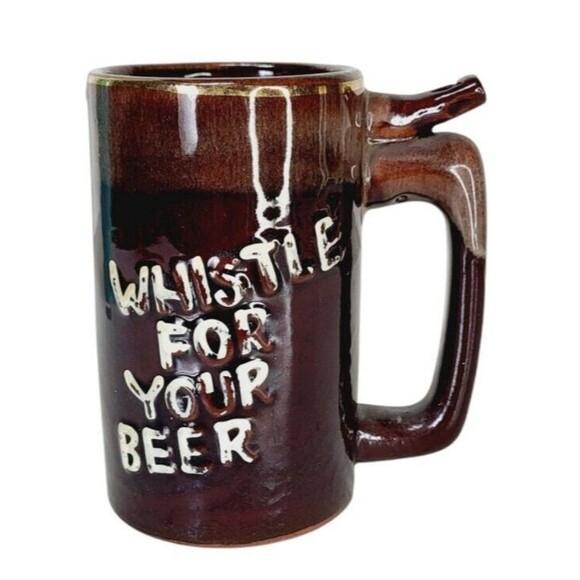 Vintage "Whistle For Your Beer" "Wet Your Whistle" Redware Beer Mug Brown Drip - Picture 2 of 11